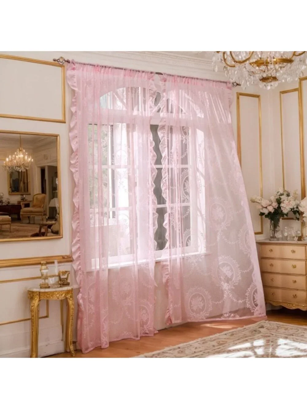 102” Pink Lace Curtains Set - Vintage Boho Sheer Floral Embroidery Window